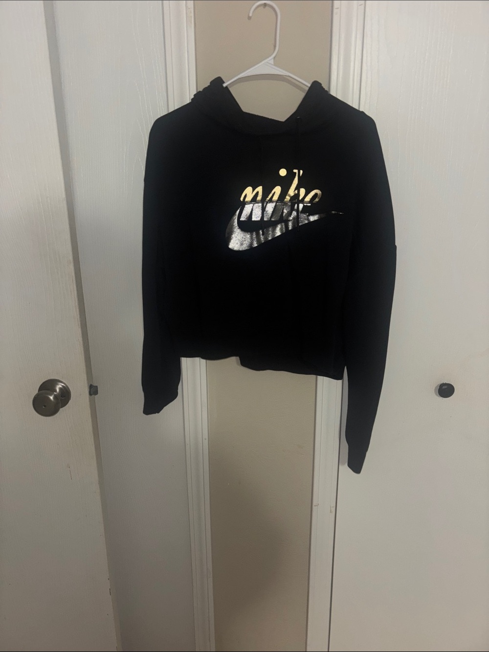 Nike Black Cropped Hoodie with Metallic Silver and Gold Swoosh